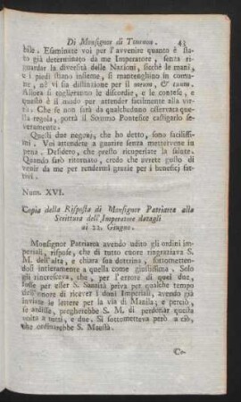 Num XVI. Copia della Risposta di Monsignor Patriarca alla Scrittura dell' Imperatore datagli ai 22. Giugno