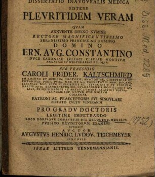 Dissertatio Inavgvralis Medica Sistens Plevritidem Veram