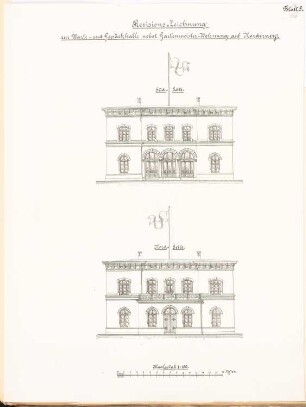 Warte- und Gepäckhalle mit Gartenmeisterwohnung, Norderney: Ansichten Südseite, Nordseite 1:100