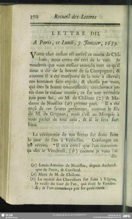 Lettre DII. A Paris, ce Lundi, 3. Janvier, 1689