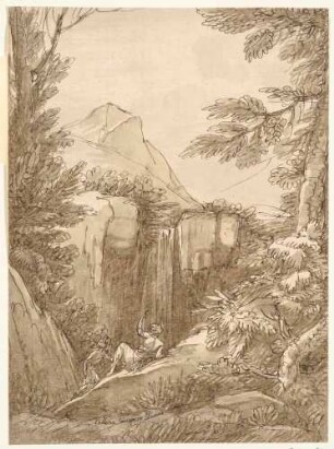 Berg mit Schlucht und Wasserfall und zwei Personen