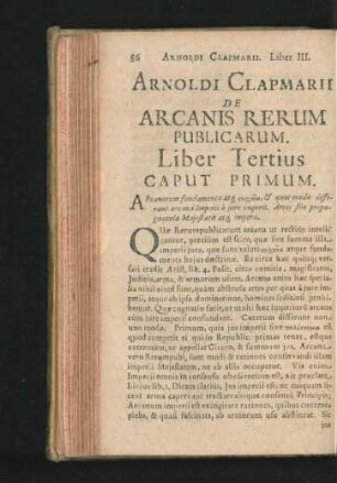 Arnoldi Clapmarii. De Arcanis Rerum Publicarum. Liber Tertius.