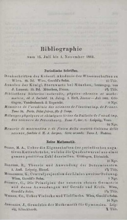 Bibliographie vom 15. Juli bis 1. November 1864.