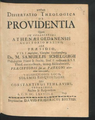 Dissertatio Theologica De Providentia