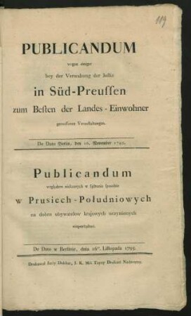 Publicandum wegen einiger bey der Verwaltung der Justiz in Süd-Preussen zum Besten der Landes-Einwohner getroffenen Veranstaltungen : De Dato Berlin, den 16. November 1795