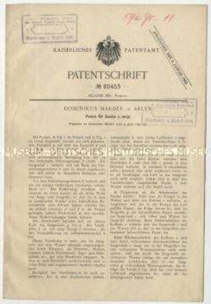 Patentschrift einer Pumpe für Jauche u. dgl., Patent-Nr. 60453