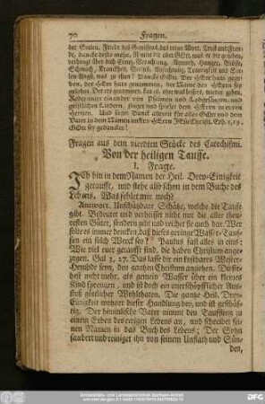 Fragen aus dem vierdten Stücke des Catechismi. Von der heiligen Tauffe.