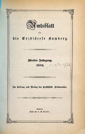 Amtsblatt für die Erzdiözese Bamberg : Amtsbl. des Erzbischöflichen Ordinariats Bamberg. 5. 1882