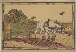 Schaubild aus der Reihe Arbeit: Mit einem Pferdegespann pflügender Bauer auf dem Feld in der Landschaft, aus der Serie "The Fitzroy Pictures" (Schaubilder für Kinder)