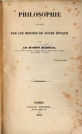 Philosophie réclamée par les besoins de notre époque