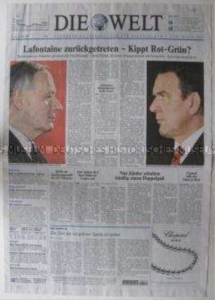Tageszeitung "Die Welt" mit Leitartikel über den Rücktritt von Oskar Lafontaine