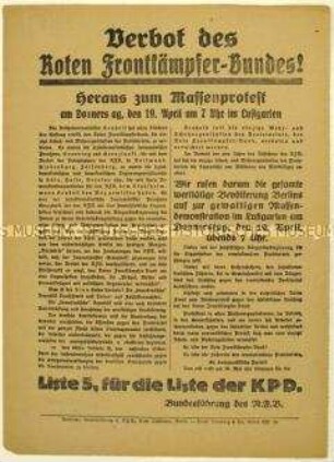 Aufruf zu einer Demonstration gegen das drohende Verbot des Roten Frontkämpferbundes am 19. April 1928 in Berlin und zur bevorstehenden Reichstagswahl