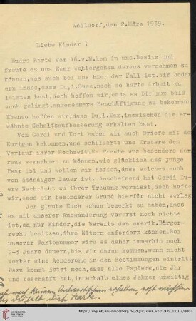 Korrespondenz von Alice und Ludwig Klein: Brief von Alice Klein und Ludwig Klein an Max Klein und Susanne Klein