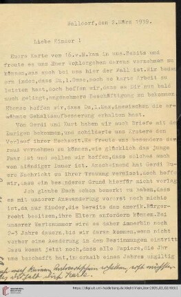 Korrespondenz von Alice und Ludwig Klein: Brief von Alice Klein und Ludwig Klein an Max Klein und Susanne Klein