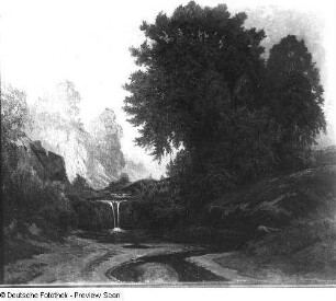 Landschaft mit Wasserlauf und kleinem Wasserfall. Öl auf Leinwand, 1910/1915