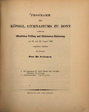 Programm des Königlichen Gymnasiums zu Bonn : Schuljahr ..., 1864/65