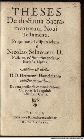 Theses De doctrina Sacramentorum Noui Testamenti