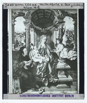 Cleve, Flügelaltar : Ausschnitt: Mitteltafel des Triptychons: Maria mit Christuskind und hl. Josef (Bild ist an oberen Kanten ist angeschnitten)