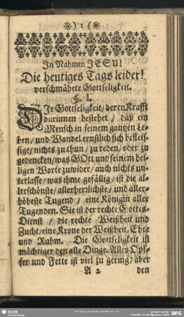 [I.] Die heutigen Tags leider! verschmähete Gottseligkeit