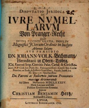 Dispvtatio Jvridica De Ivre Nvmellarvm : = Von Pranger-Recht