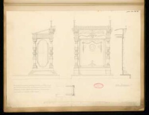 Rednerpult für den Architekten-Verein Monatskonkurrenz Juli 1870: Grundriss, Aufriss Vorderansicht, Seitenansicht, Vertikalschnitt; Maßstabsleiste, Erläuterungstext