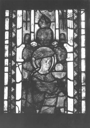 Heilige Barbara (Hüftstück) : Heilige Barbara (Hüftstück). Glasmalerei (um 1340/1350). Mühlhausen, Pfarrkirche Sankt Blasius (N III (7a))