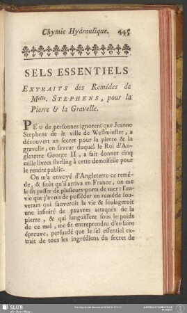 Sels Essentiels Extraits des Remédes de Melle. Stephens, pour la Pierre & la Gravelle