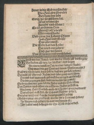 Gleich wie der Rauch/ und wie die Winde all' verfliegen/ So sterben alle wir/ (o Eitelkeit!) und liegen ...