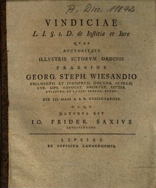 Vindiciae L. I. § 1. D. de Iustitia et Iure