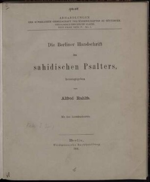 Die Berliner Handschrift des sahidischen Psalters
