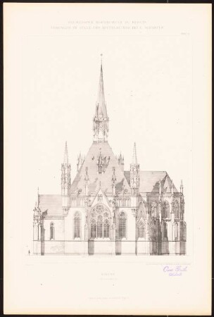 Kirche: Ansicht Längsseite (aus: C. Schäfer, Die Bauhütte, Entwürfe im Stile des Mittelalters, 3. Bd., 1895, Blatt 33)