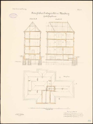 Amtsgericht, Marburg: Grundriss Dachgeschoss, Längsschnitt, Querschnitt 1:100
