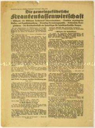 Flugblatt der NSDAP gegen das Krankenkassensystem und Werbung für den "Völkischen Beobachter"