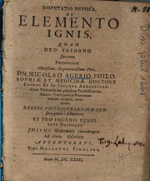 Disputatio Physica, De Elemento Ignis
