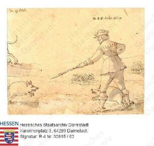 Jagd, Niddaer Sauhatz / Bild 62: Landgraf Philipp [v. Hessen-Butzbach] (1581-1643), mit einer Saufeder auf ein Wildschwein zugehend