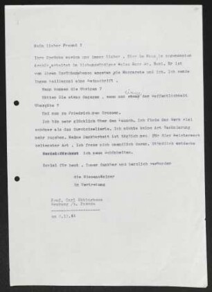 Brief von Gerhart Hauptmann an Carl Ebbinghaus, geschrieben von Annie Pollak