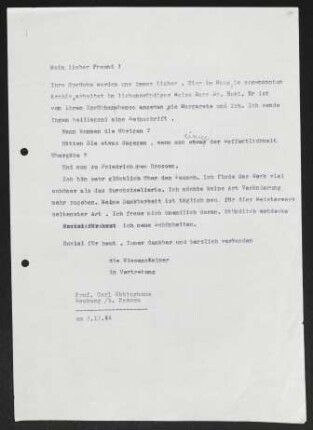 Brief von Gerhart Hauptmann an Carl Ebbinghaus, geschrieben von Annie Pollak