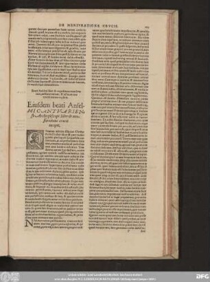 Beati Anselmi liber de expositione membrorum, vestimentorum, & actuum deo attributorum explicit. Eiusdem beati Anselmi Cantuariensis Archiepiscopi liber de mensuratione crucis incipit.