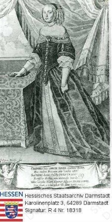 Marie Elisabeth Landgräfin v. Hessen-Darmstadt geb. v. Holstein-Gottorp (1634-1665) / Porträt, in Raumkulisse neben Tisch stehend, Ganzfigur, mit Bildlegende