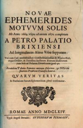 Novae ephemerides motuum solis : ab anno 1664 usque ad annum 1670 completum