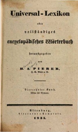 Universal-Lexikon oder vollständiges encyclopädisches Wörterbuch, Vierzehnter Band. Möhre bis Niemann