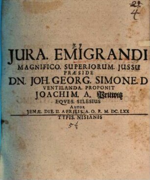 De iuribus emigrandi, disp.
