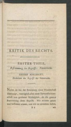 Kritik des Rechts. Erster Theil. Bestimmung des Begriffs: Naturrecht.