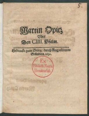 Martin Opitz Uber Den CIIII. Psalm
