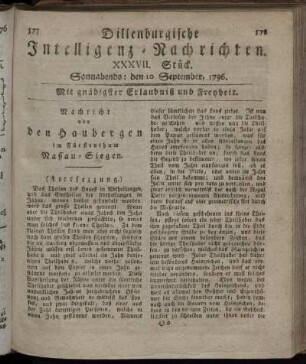 XXXVII. Stück. Sonnabends: den 10. September 1796.