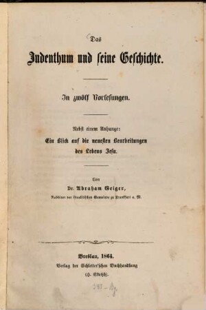 Das Judenthum und seine Geschichte, 1