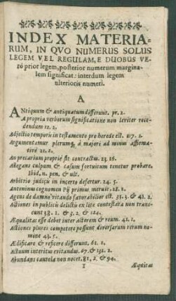 Index Materiarum, In Quo Numerus Solus Legem Vel Regulam, E Duobus Vero prior legem, posterior numerum marginalem significat: interdum legem nlterioris numeri.