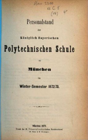 Personalstand der Königlich-Bayerischen Polytechnischen Schule zu München. 1872/73 (1872)