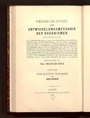 Der Restitutionsreiz : Rede zur Eröffnung der Sektion für Experimentelle Zoologie des 7. Internationalen Zoologenkongresses zu Boston