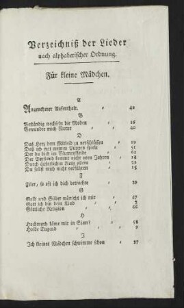 Verzeichniß der Lieder nach alphabetischer Ordnung. Für kleine Mädchen